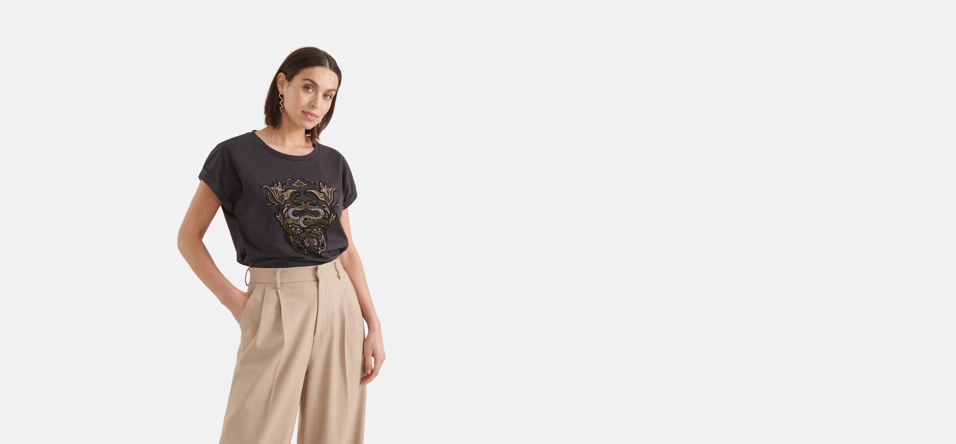 Slangen Embroidery Print T-shirt Donkergrijs SHOEBY WOMEN
