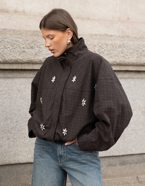 Check Bomber Blouse Donkerbruin SHOEBY WOMEN