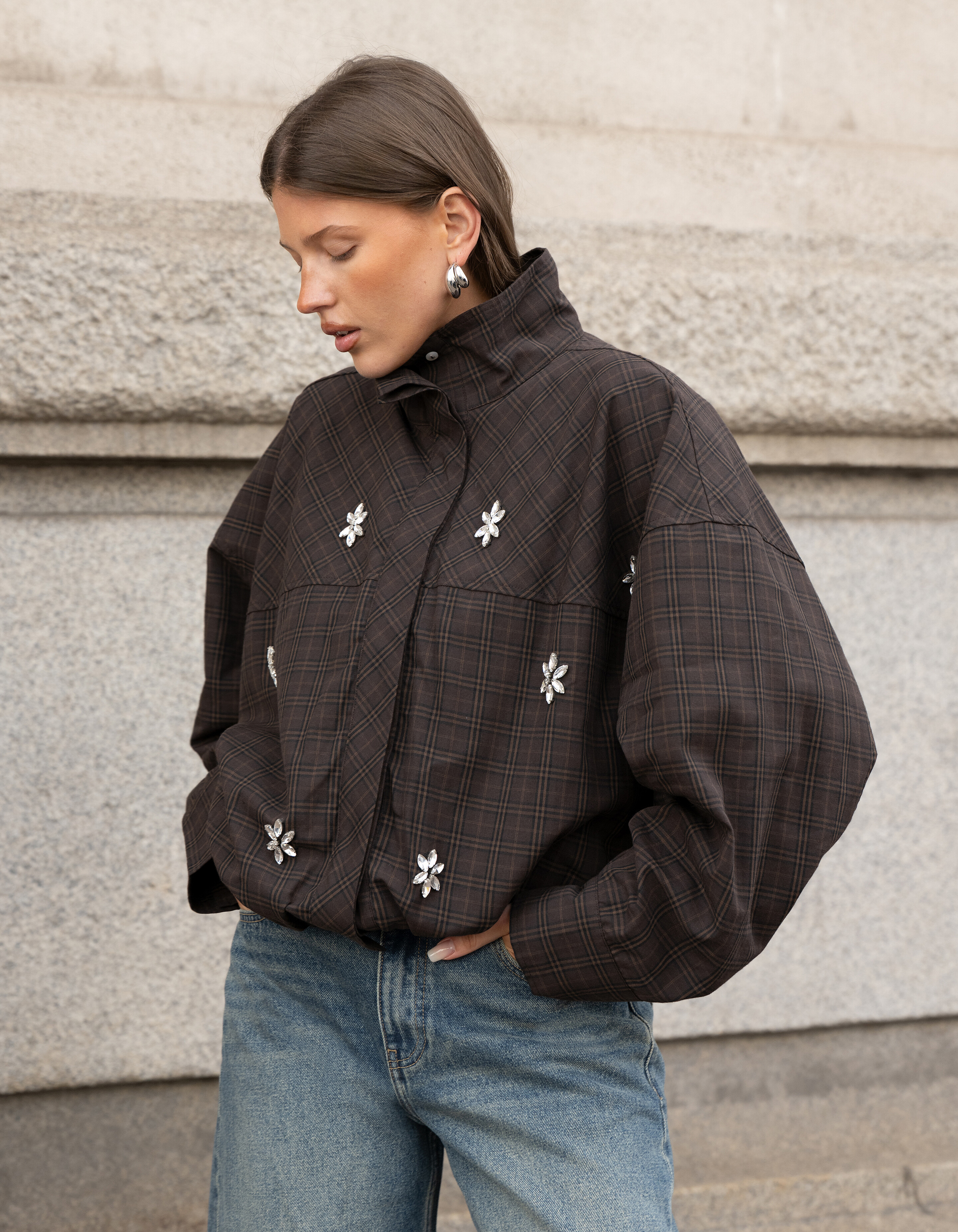 Check Bomber Blouse Donkerbruin SHOEBY WOMEN