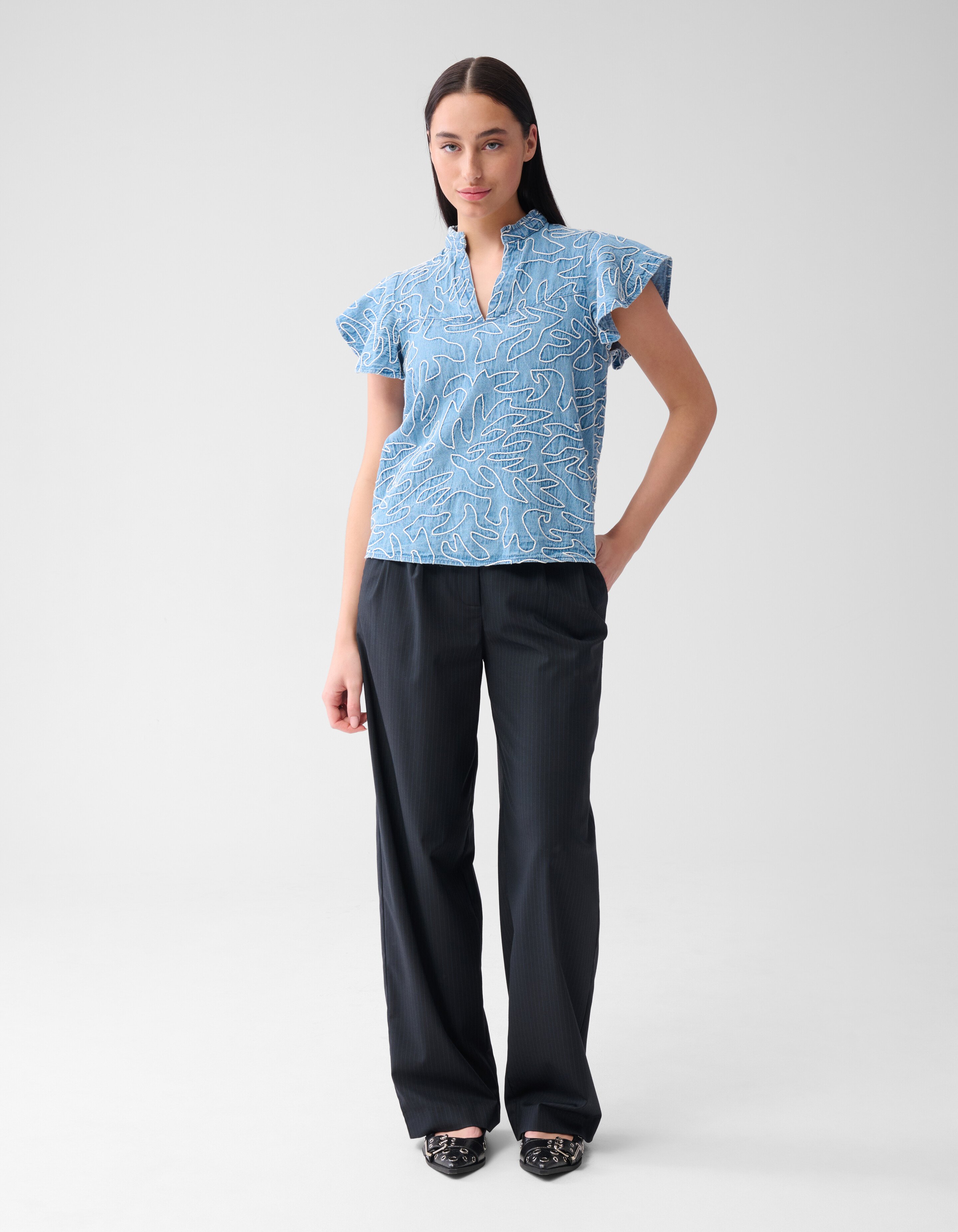 Denim Ruffle Cord Top Blauw SHOEBY WOMEN