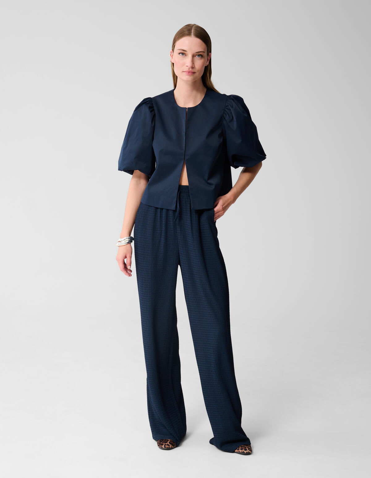 Crinkle Wide Leg Broek Donkerblauw SHOEBY WOMEN