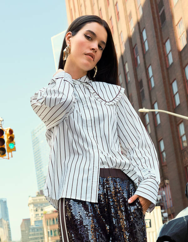 Big Collar Stripe Blouse Bruin SHOEBY WOMEN