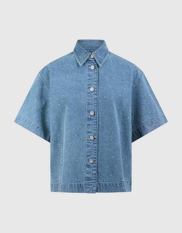 Oversized Fit Strass Denim Blouse Blauw SHOEBY WOMEN