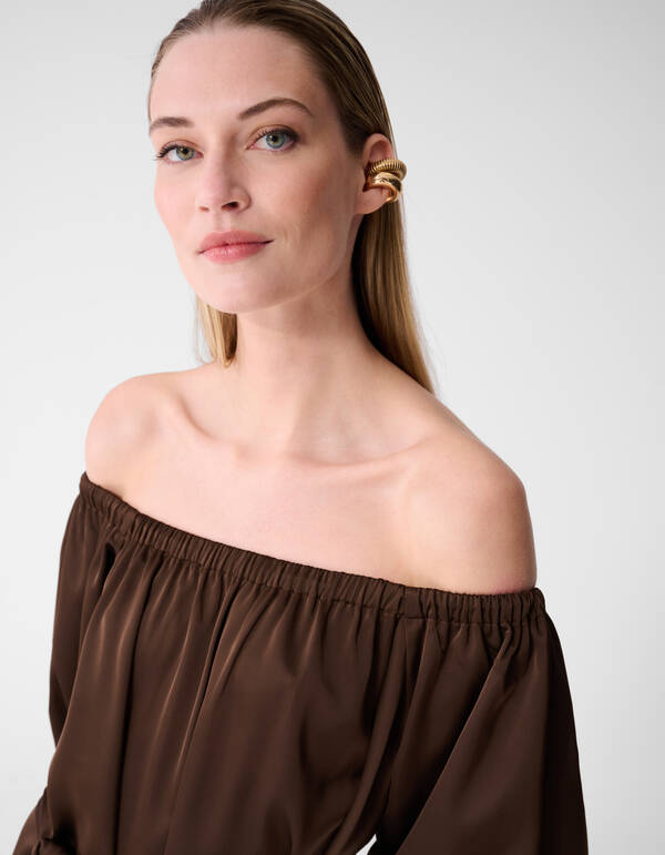 Satijnen Off Shoulder Mini Jurk Bruin By Fred SHOEBY WOMEN