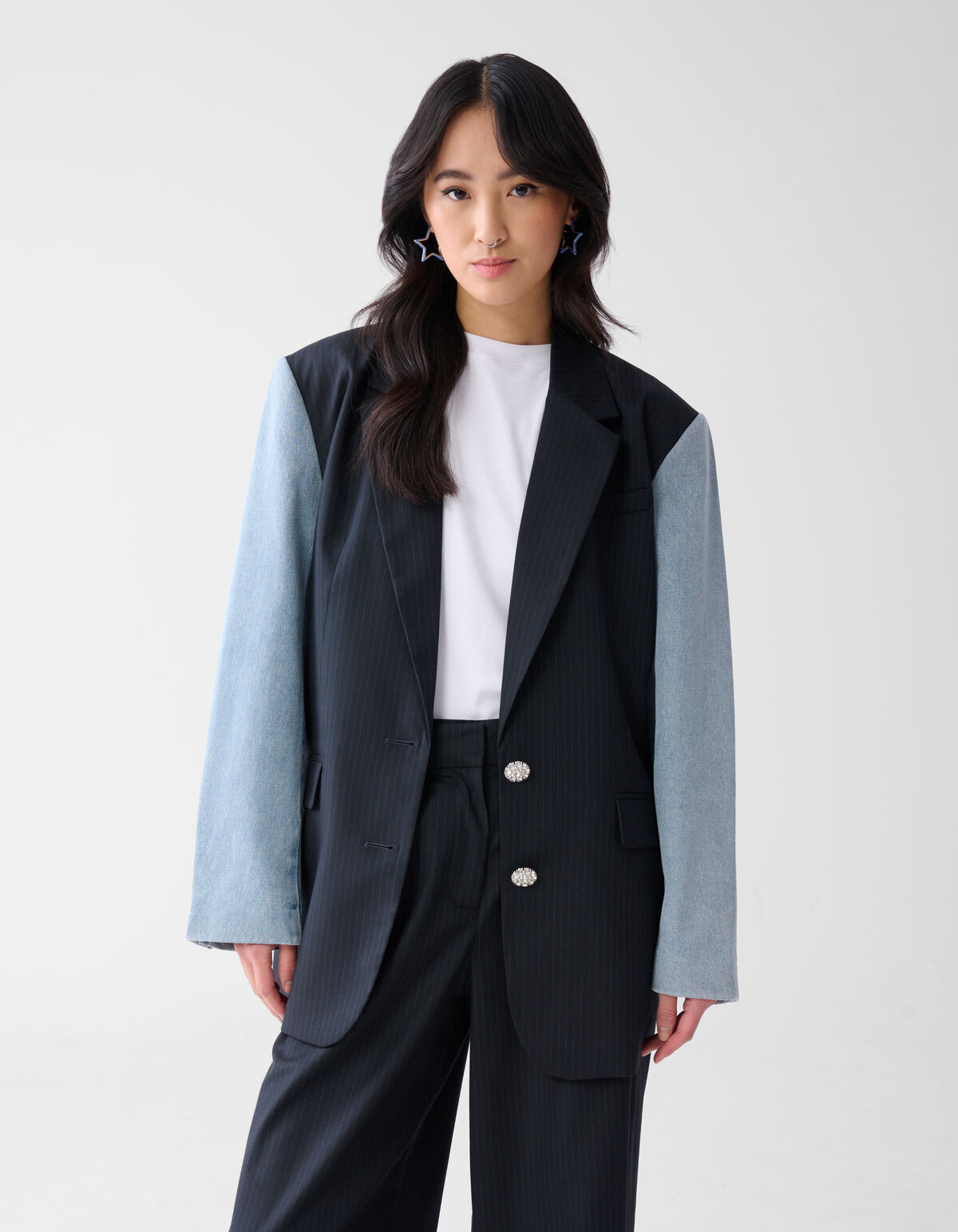 Denim Sleeve Pinstripe Blazer Donkerblauw SHOEBY WOMEN