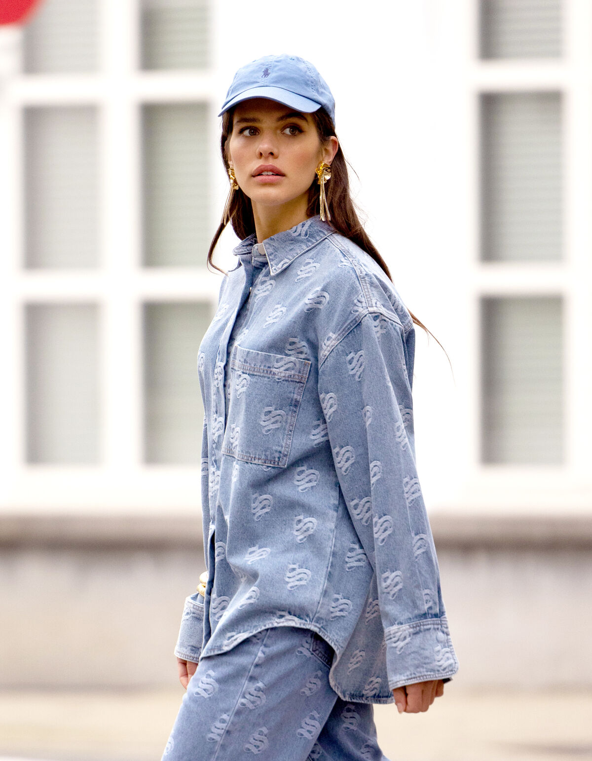Jacquard Logo Denim Blouse Mediumstone SHOEBY WOMEN