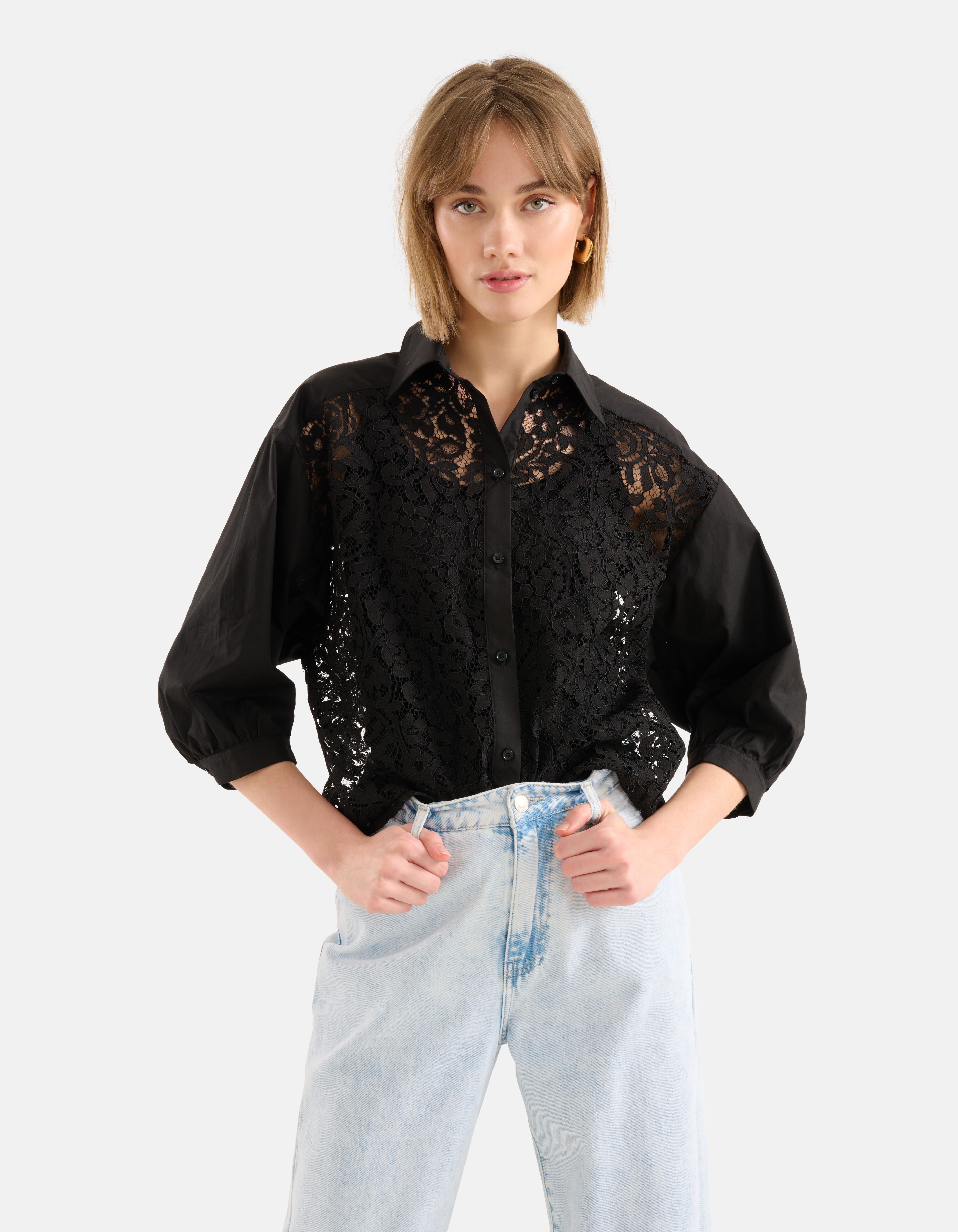 Kanten Poplin Blouse Zwart Shoeby