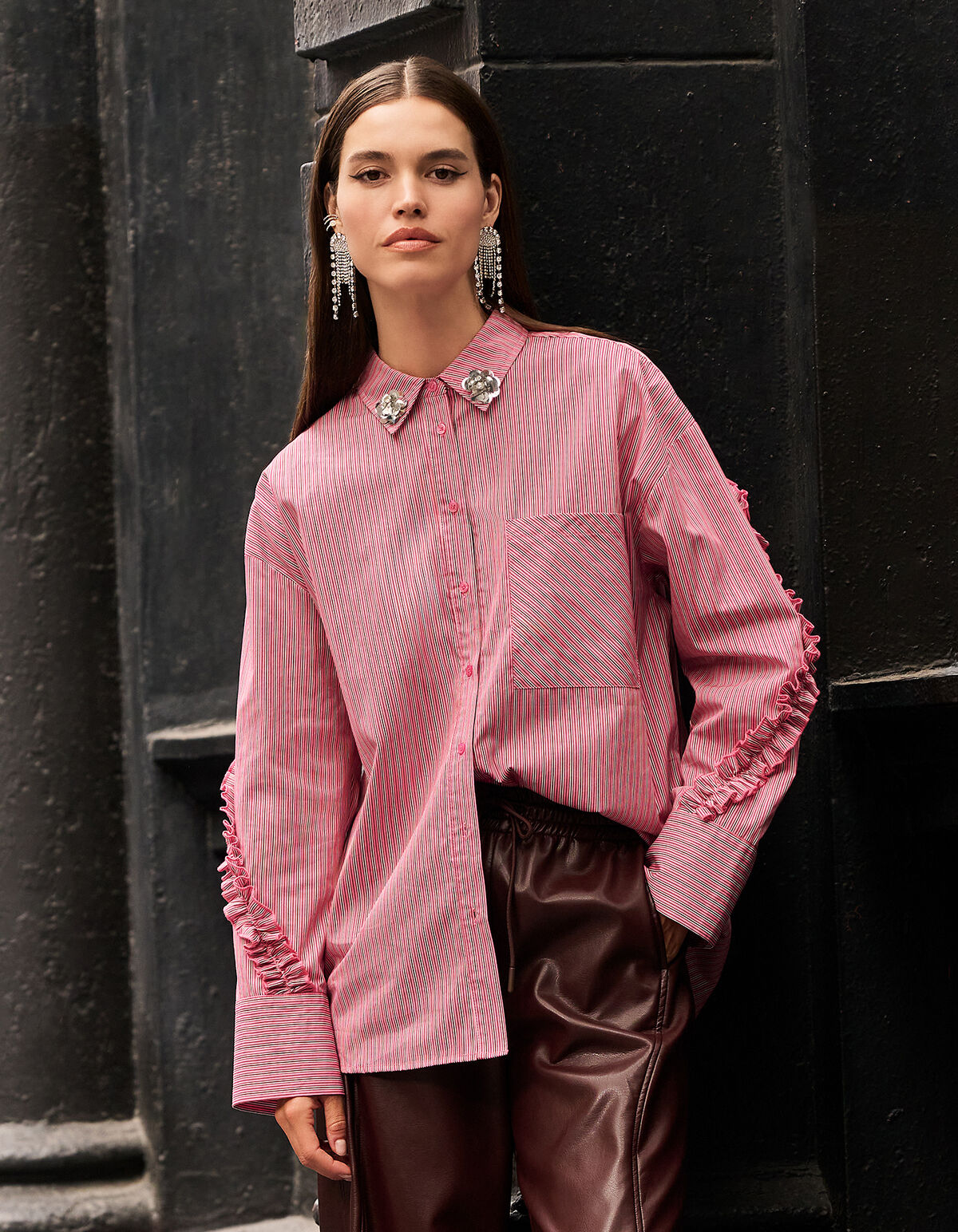 Oversized Pinstripe Flower Blouse Lichtroze SHOEBY WOMEN