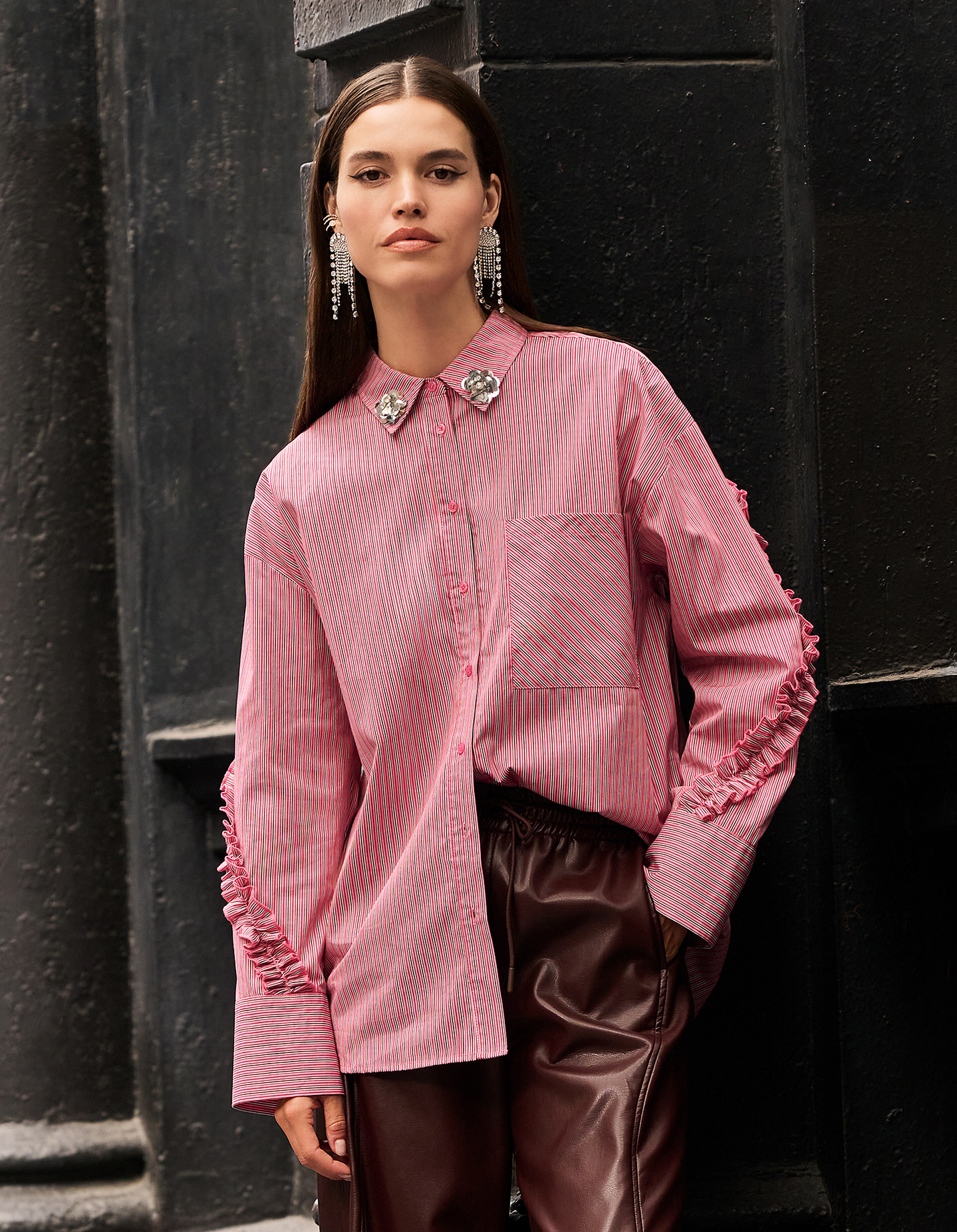 Oversized Pinstripe Flower Blouse Lichtroze SHOEBY WOMEN