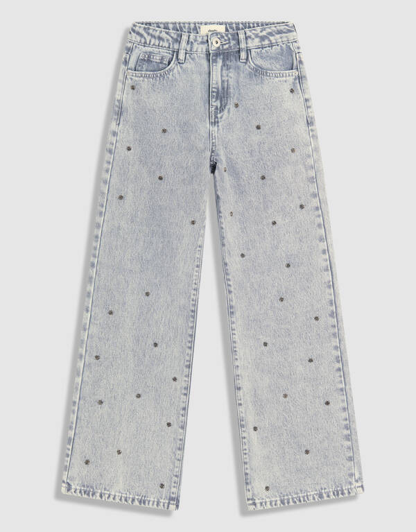 Rose Stud Wide Leg Fit Jeans Lichtgrijs SHOEBY GIRLS
