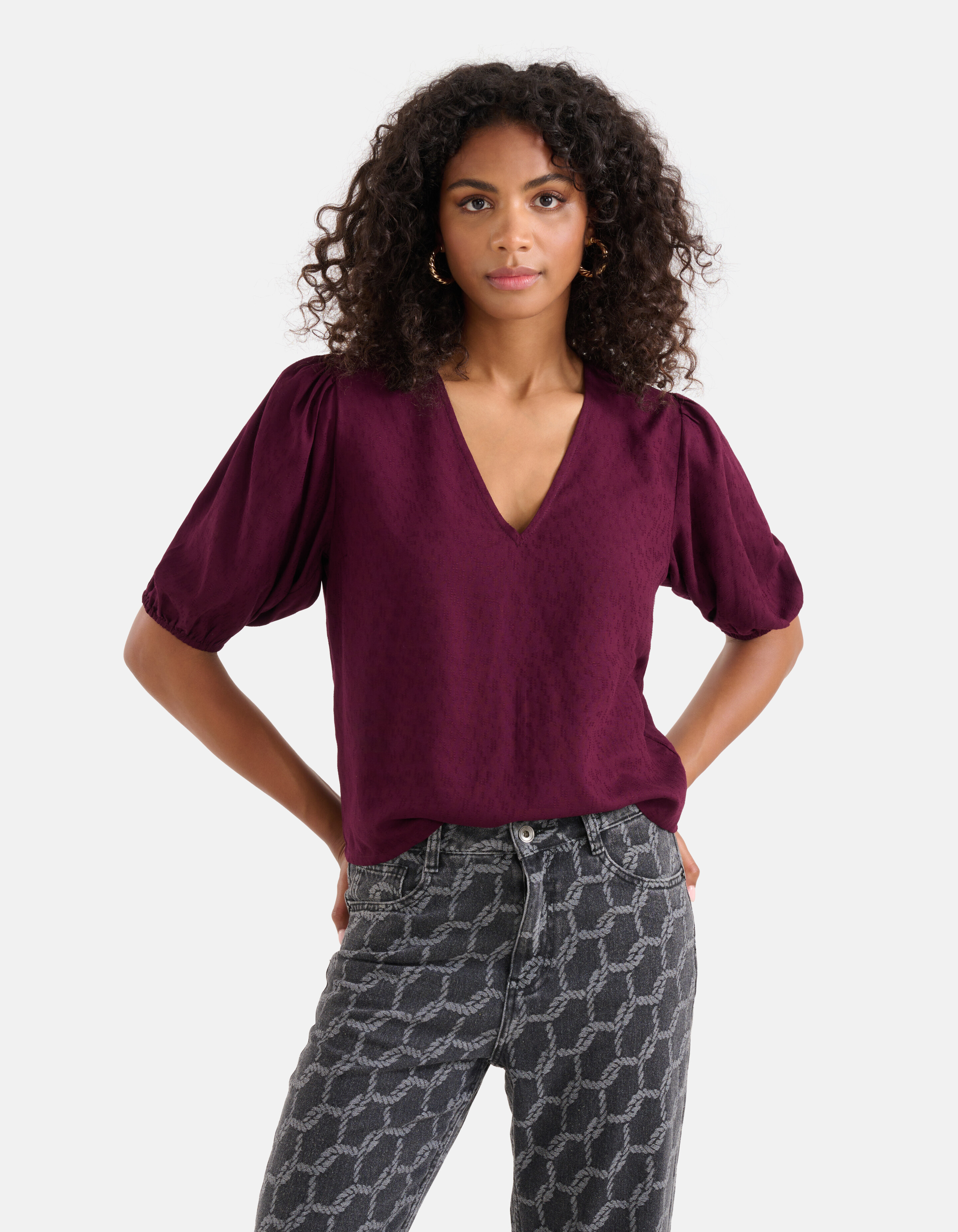 Structuur V-Hals Top Bordeaux SHOEBY WOMEN