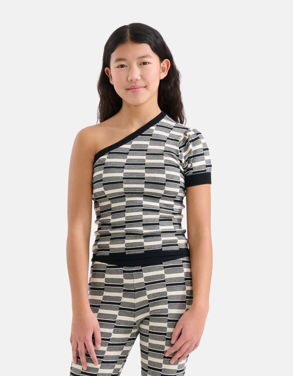 Gebreide One Shoulder Top Zwart/Wit SHOEBY GIRLS