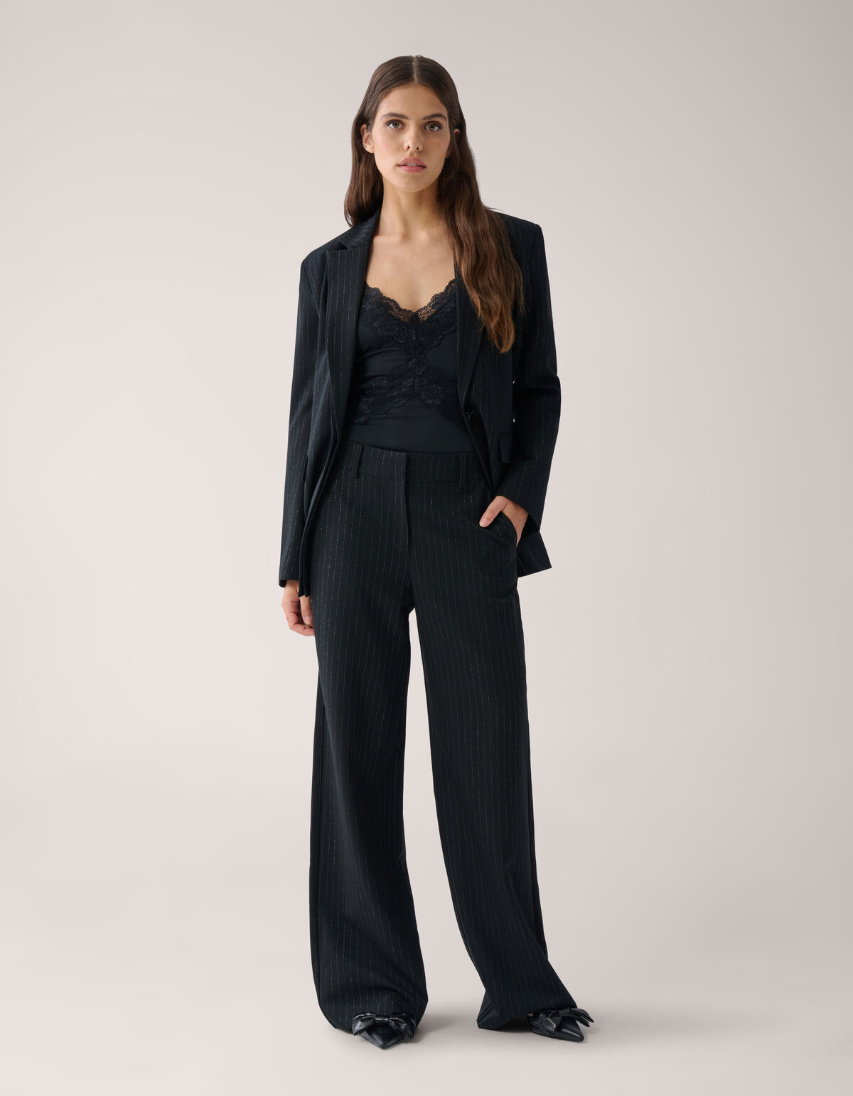 Lurex Pinstripe Wide Leg Pantalon Zwart By Mieke SHOEBY WOMEN
