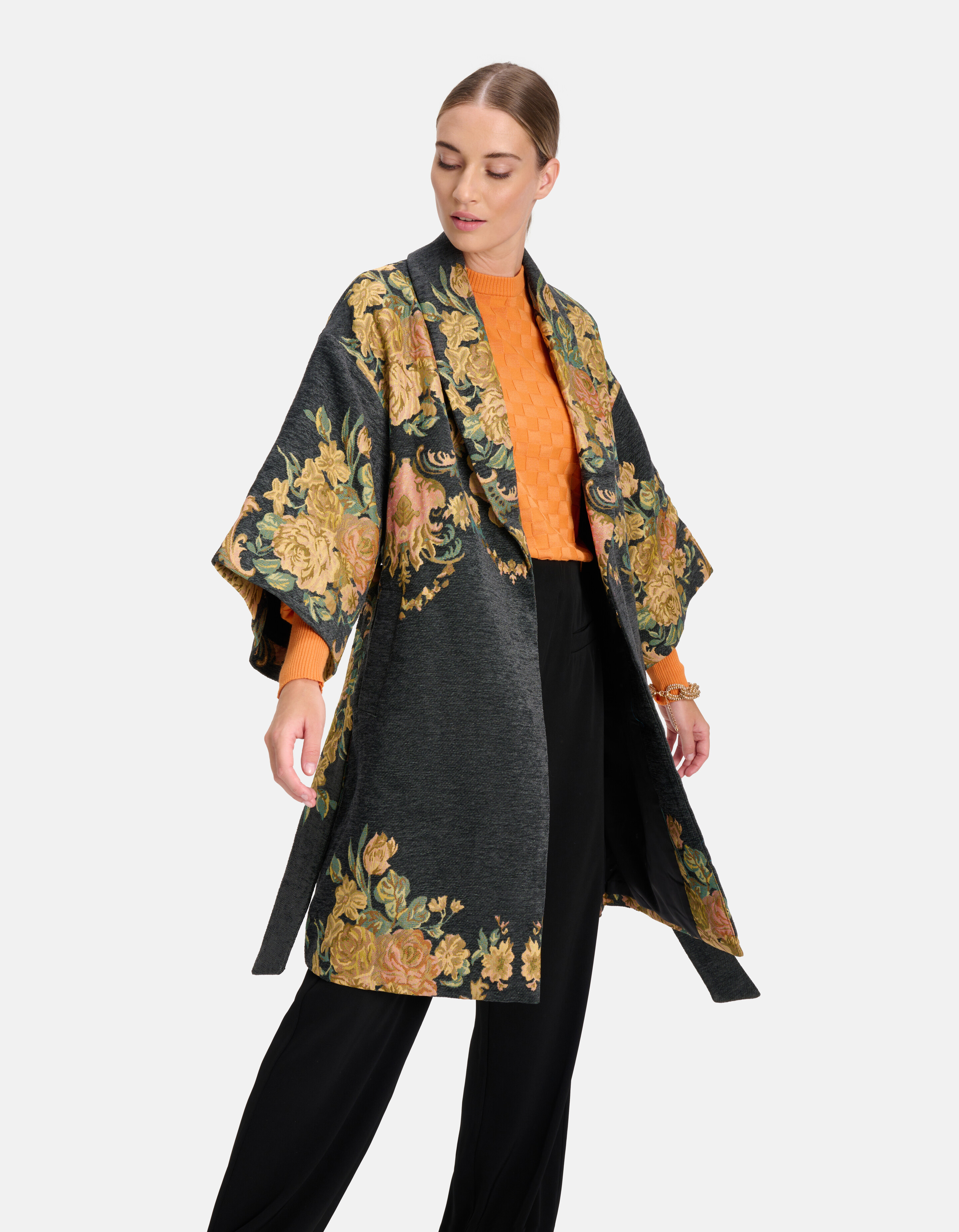 Jacquard Bloemenprint Kimono Donkergrijs SHOEBY WOMEN