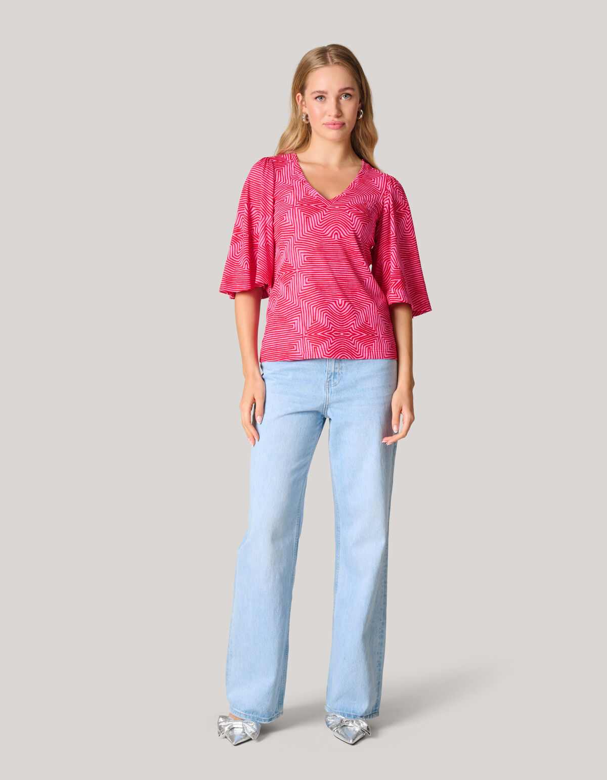 Printed Rib Jersey Ruffle Top Roze SHOEBY WOMEN