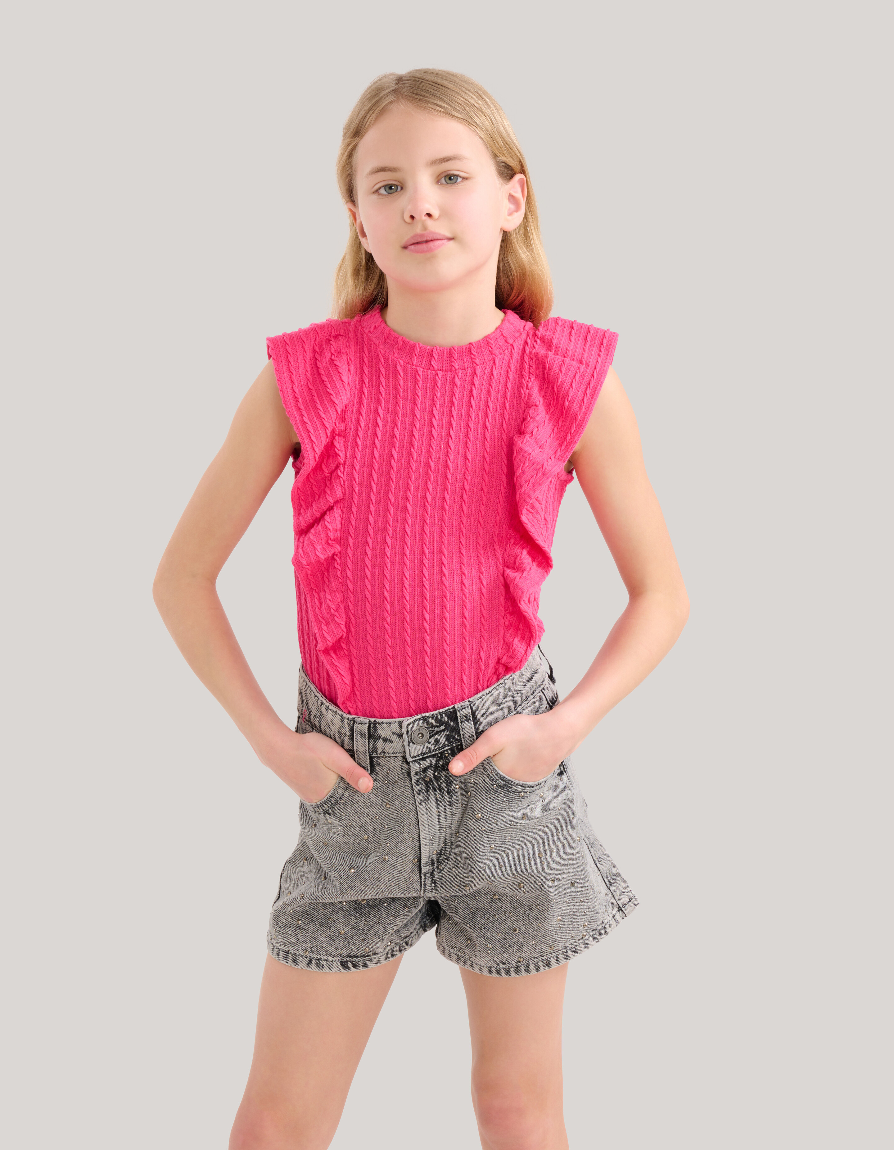 Ruffle Rib Top Roze SHOEBY GIRLS