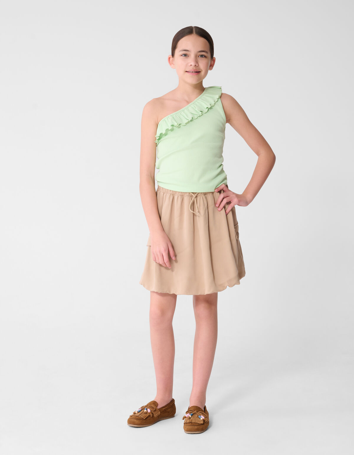One Shoulder Ruffle Top Lichtgroen SHOEBY GIRLS