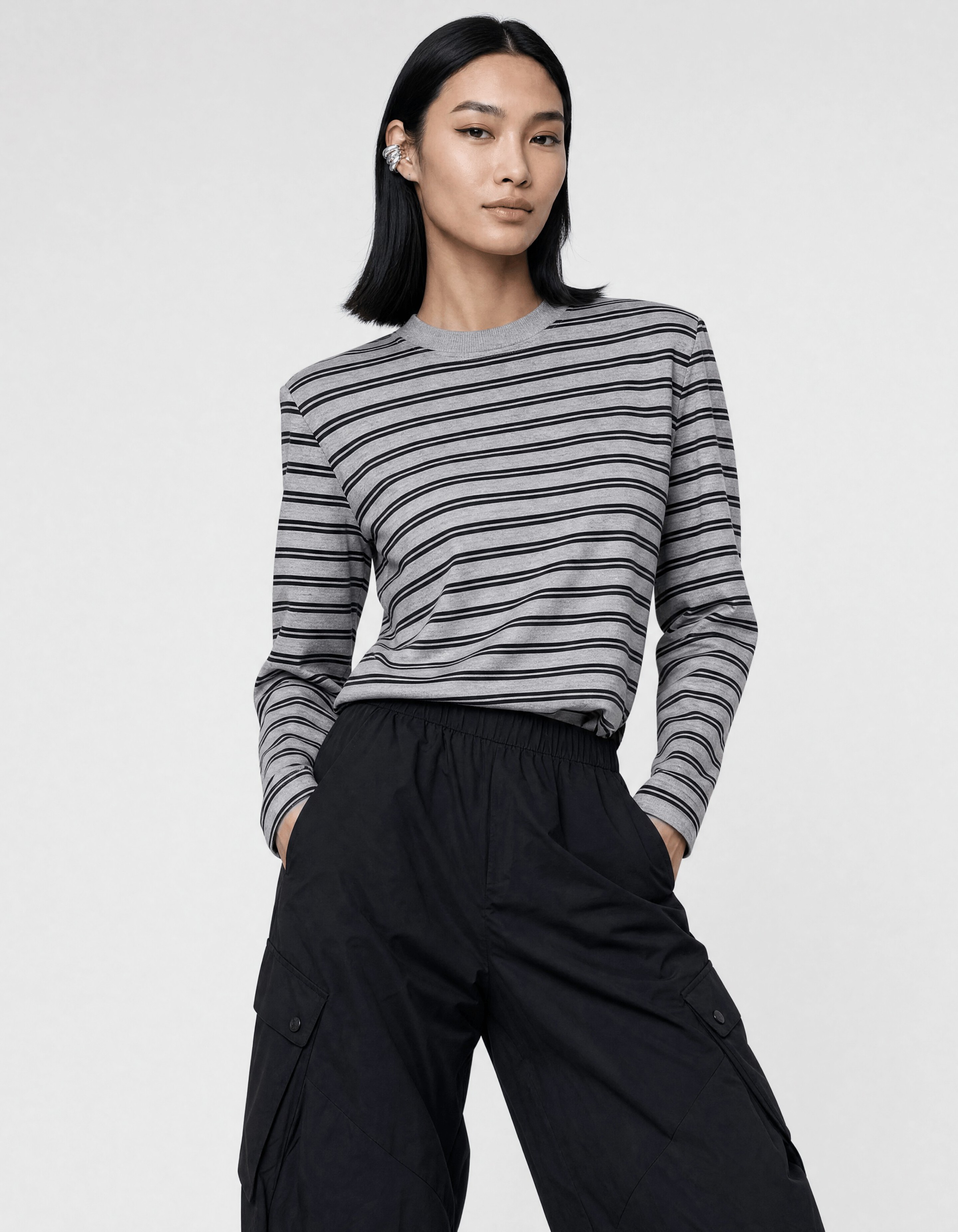 Shoulder Stripe Longsleeve Grijs/Zwart SHOEBY WOMEN