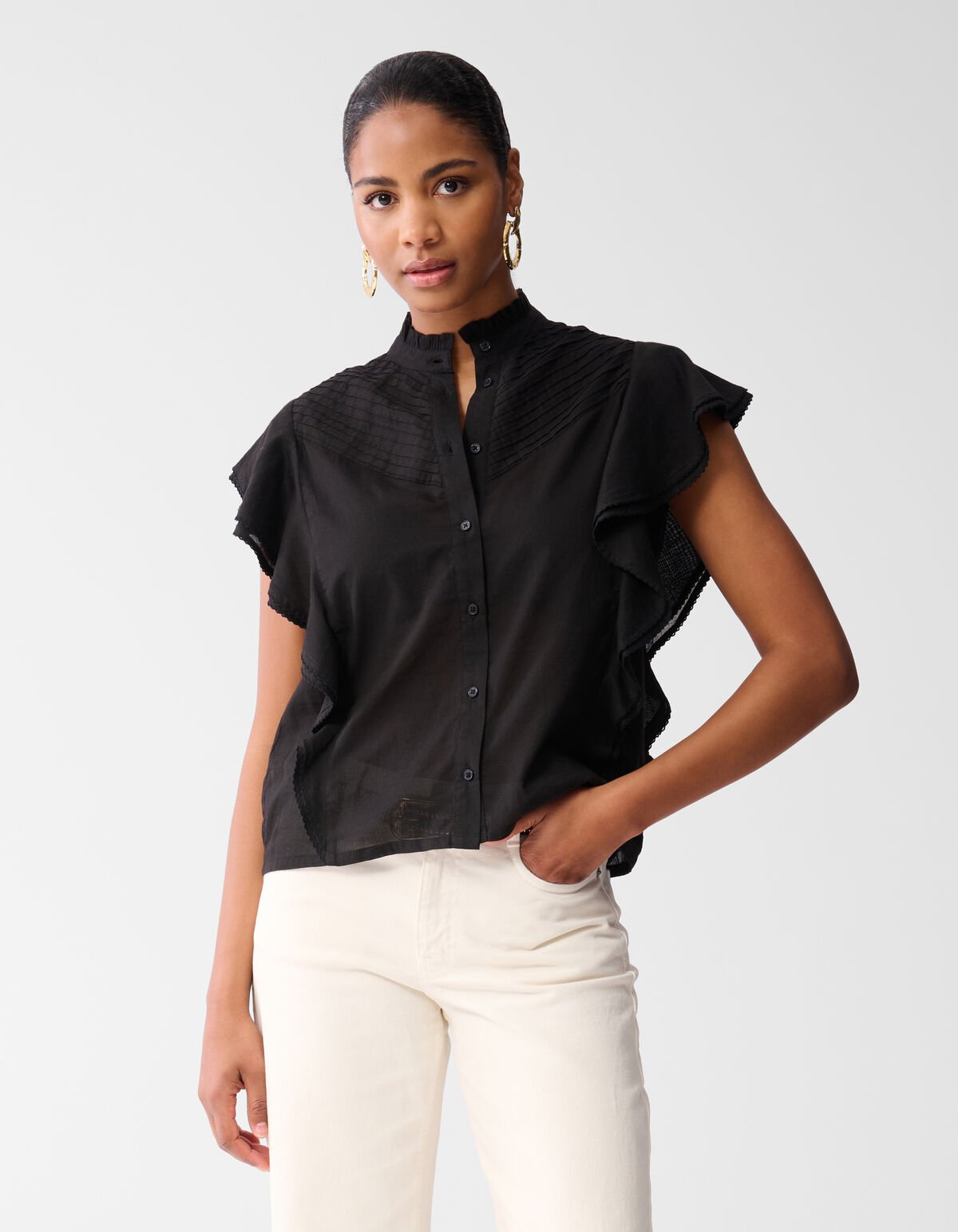 Pintuck Ruffle Top Zwart SHOEBY WOMEN