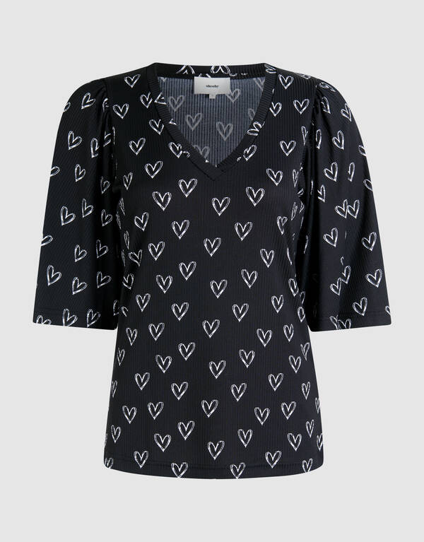 Heart Printed Rib Jersey Top Zwart SHOEBY WOMEN