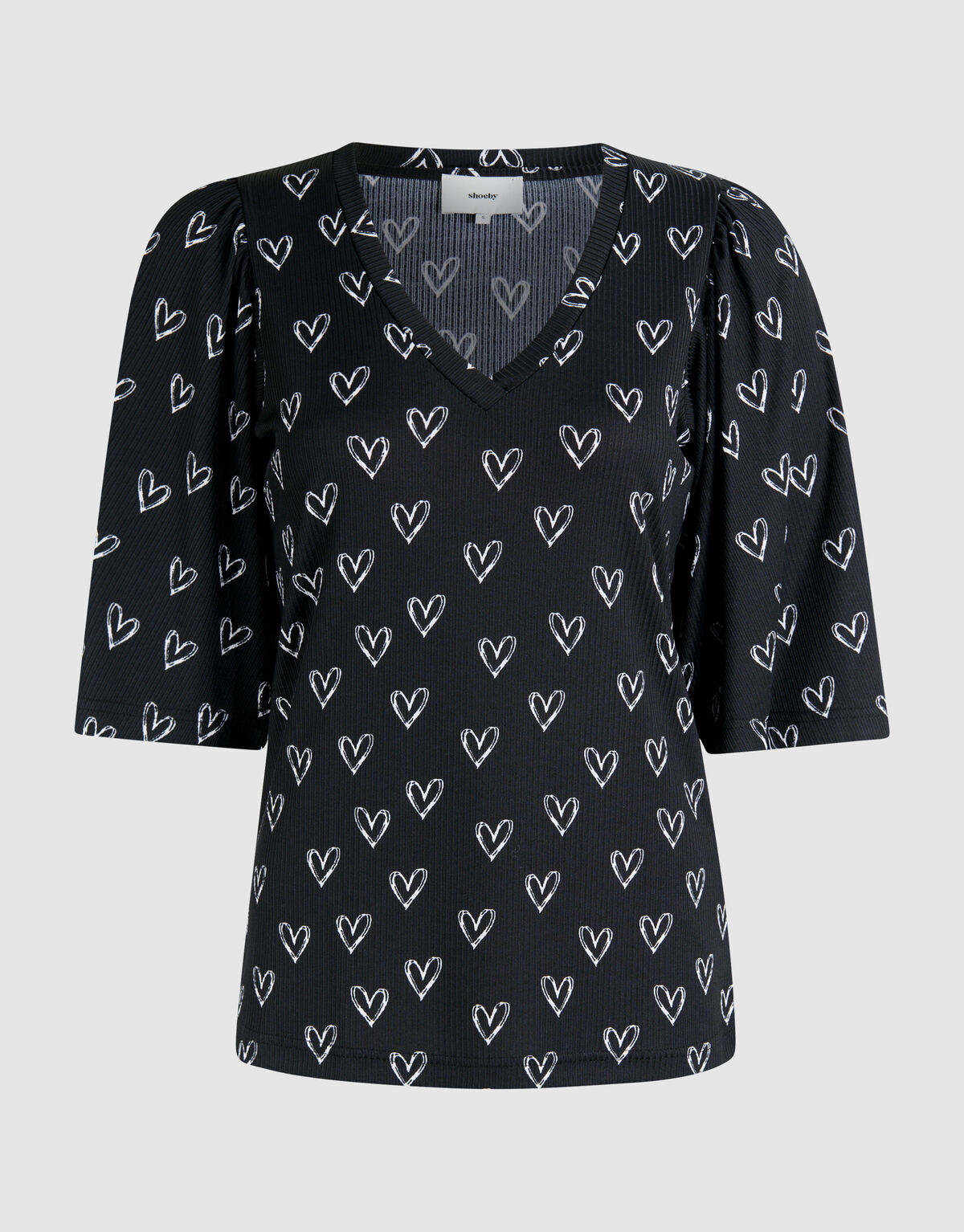 Heart Printed Rib Jersey Top Zwart SHOEBY WOMEN
