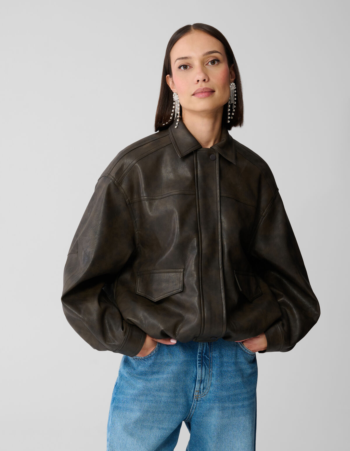 Washed Vegan Leren Bomber Jack Bruin SHOEBY WOMEN