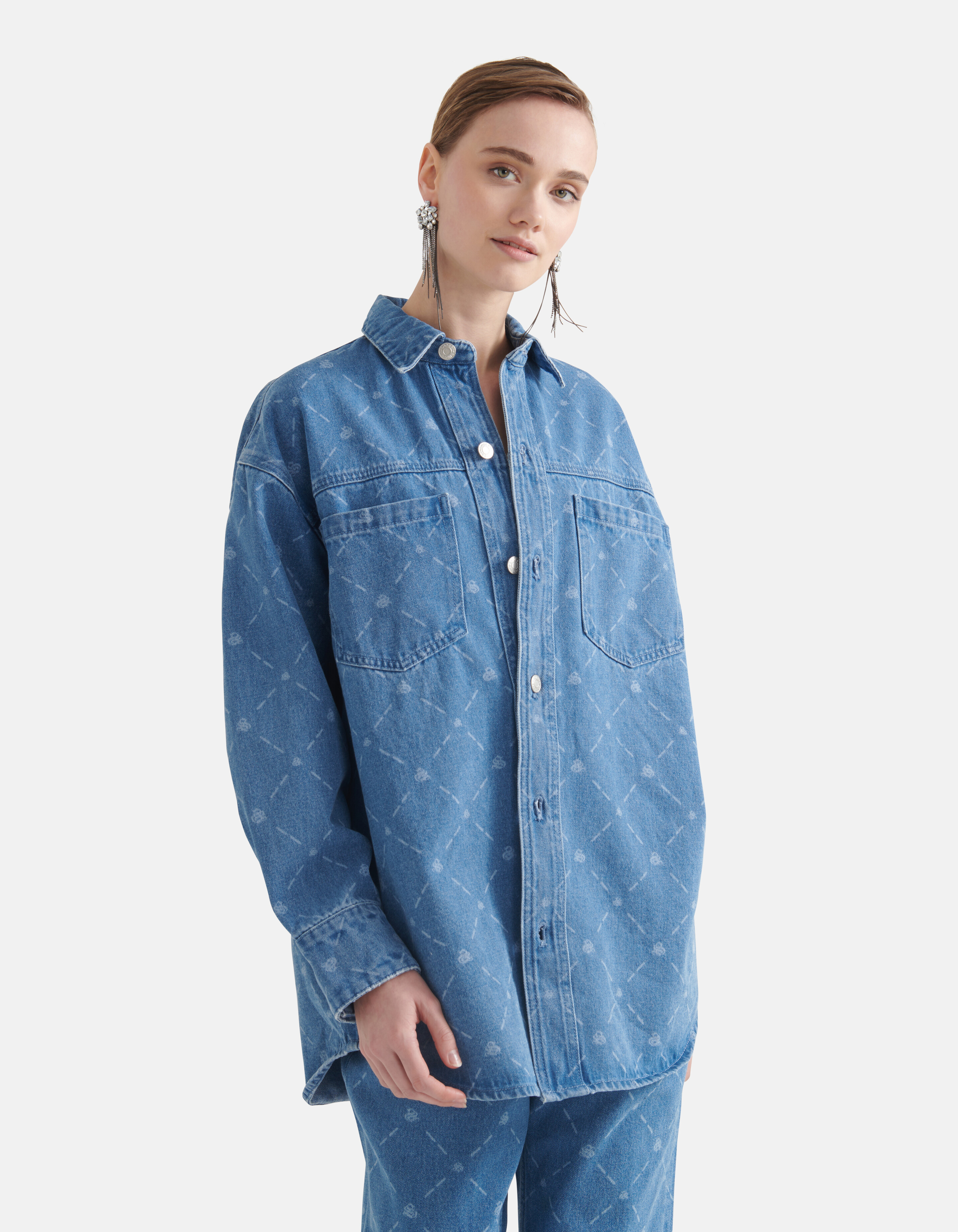 Printed Denim Blouse Blauw SHOEBY WOMEN