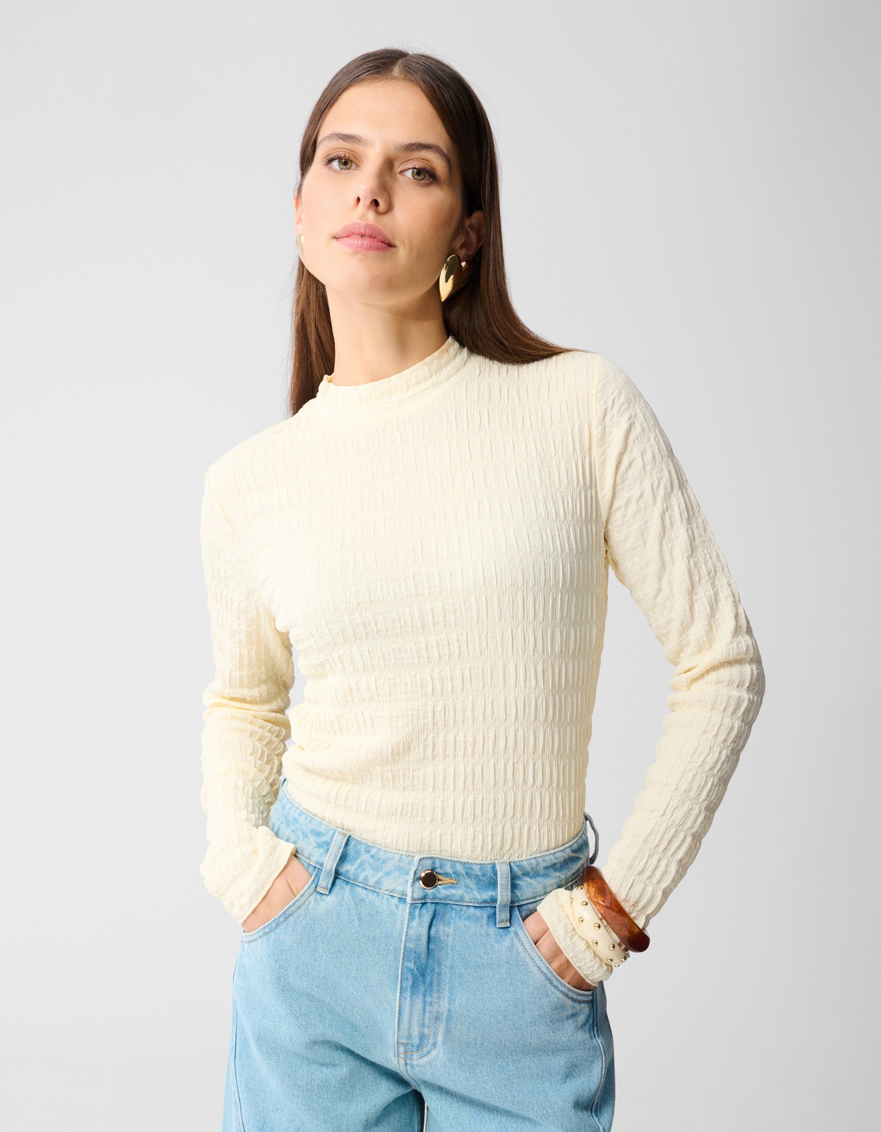 Structuur Longsleeve Top Gebroken Wit SHOEBY WOMEN