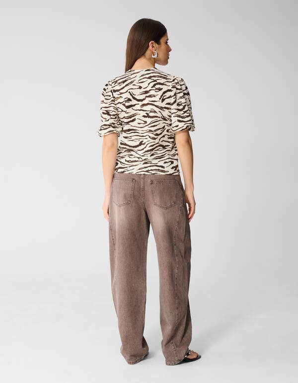 Zebra Crinkle V-Hals Top Gebroken Wit SHOEBY WOMEN