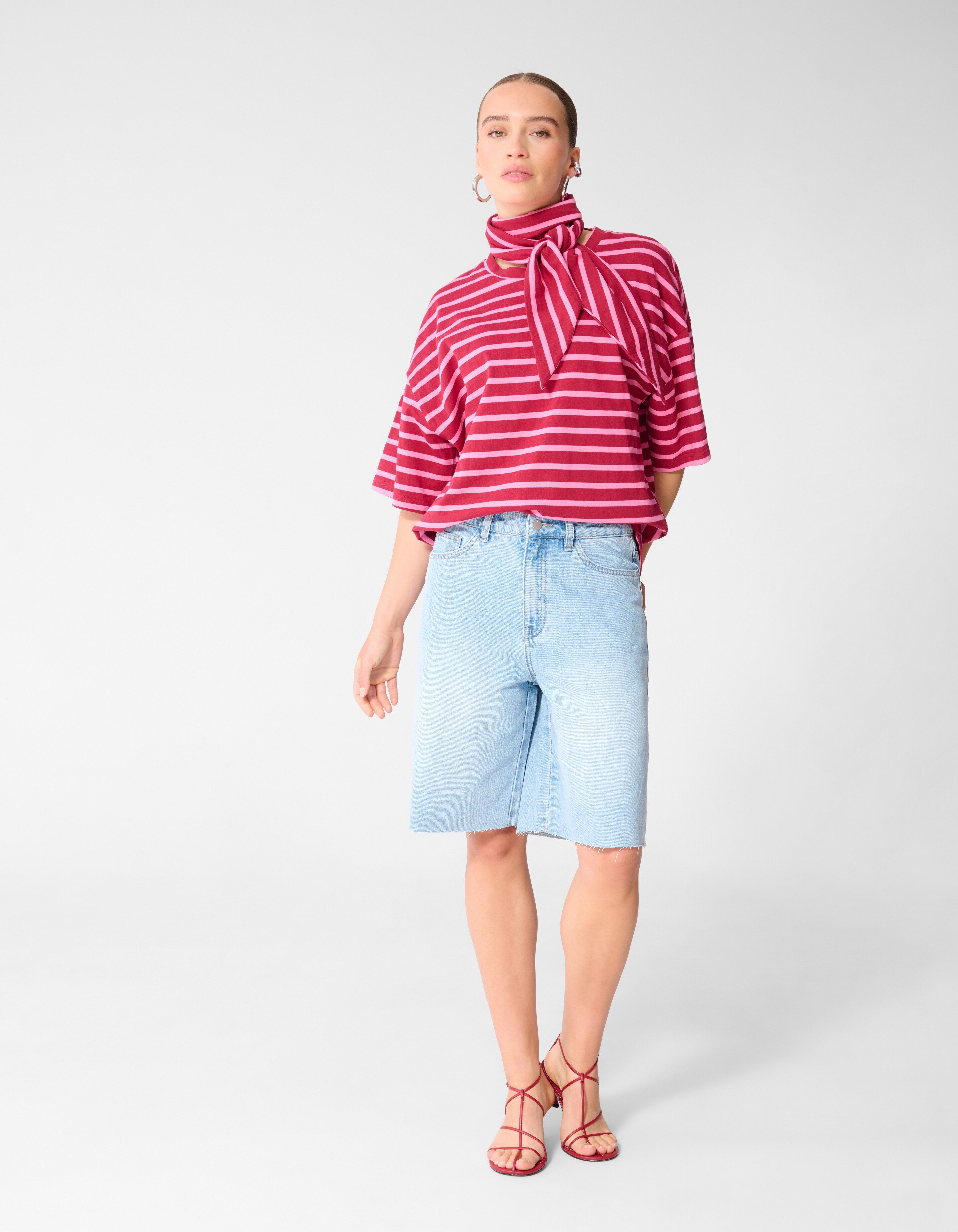 Scarf Striped T-shirt Roze/Rood SHOEBY WOMEN