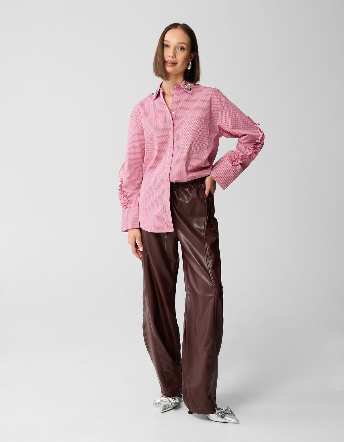 Oversized Pinstripe Flower Blouse Lichtroze SHOEBY WOMEN
