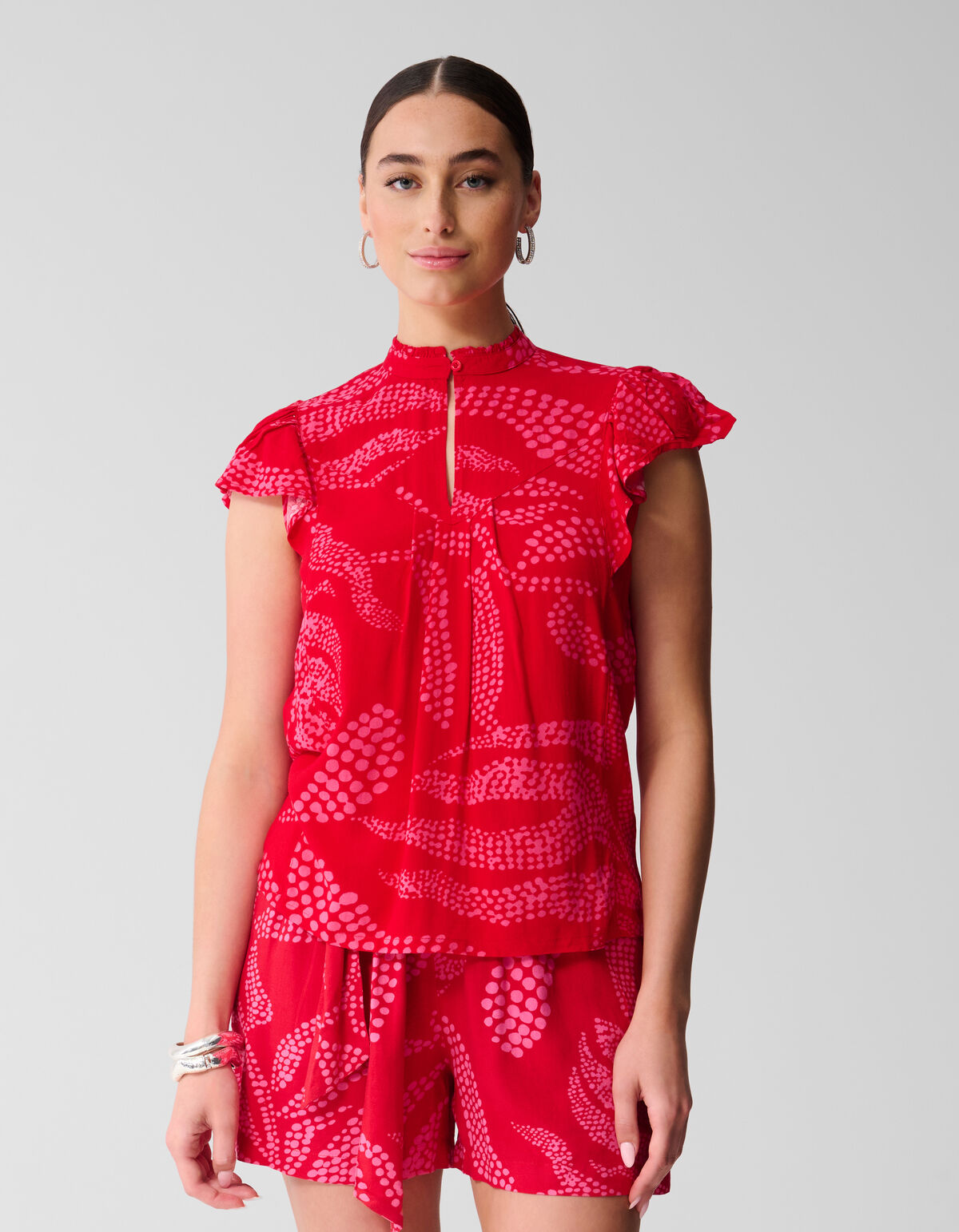 Printed Ruffle Top Rood SHOEBY WOMEN
