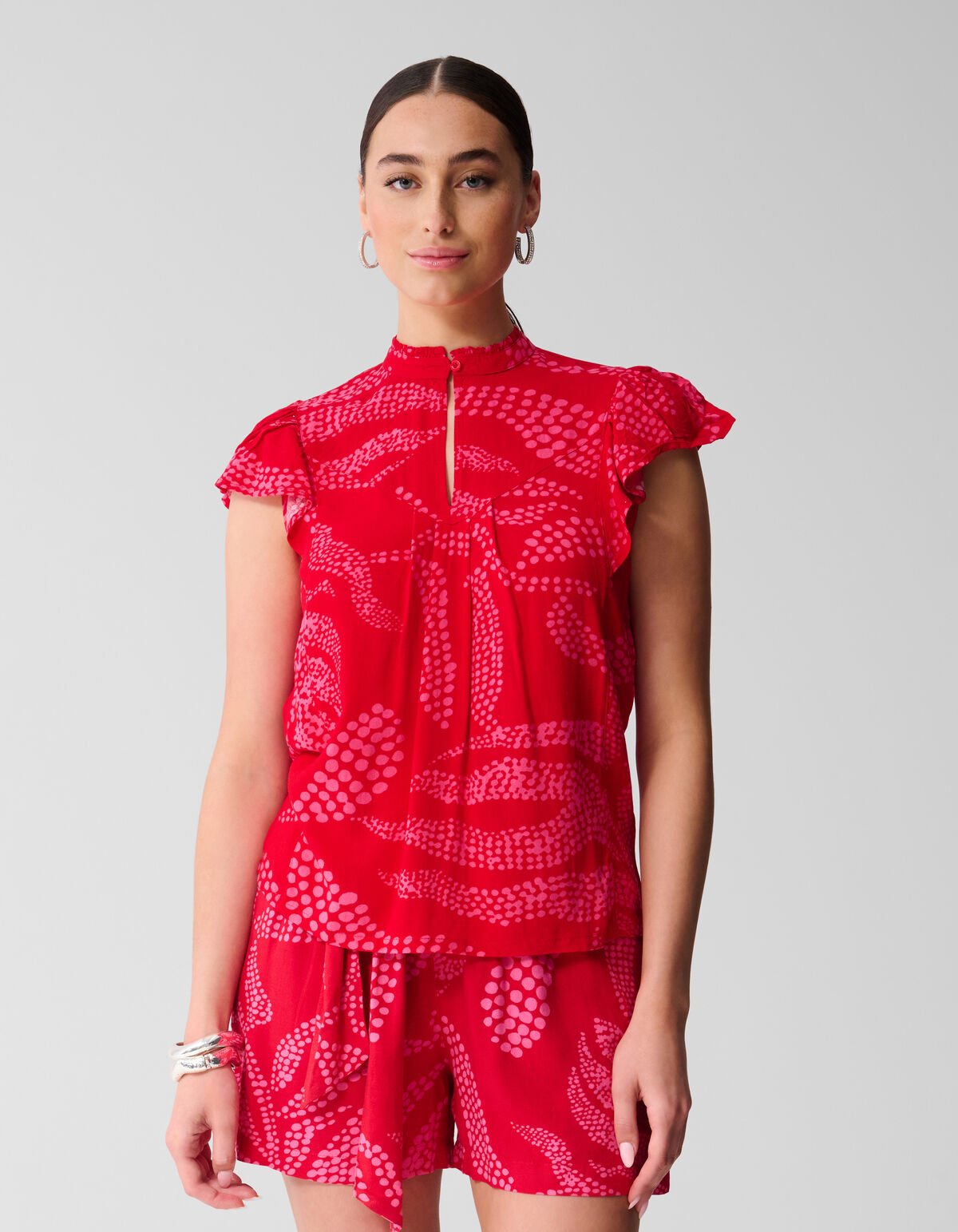 Printed Ruffle Top Rood SHOEBY WOMEN