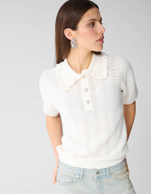 Gebreide Ruffle Polo Gebroken Wit SHOEBY WOMEN