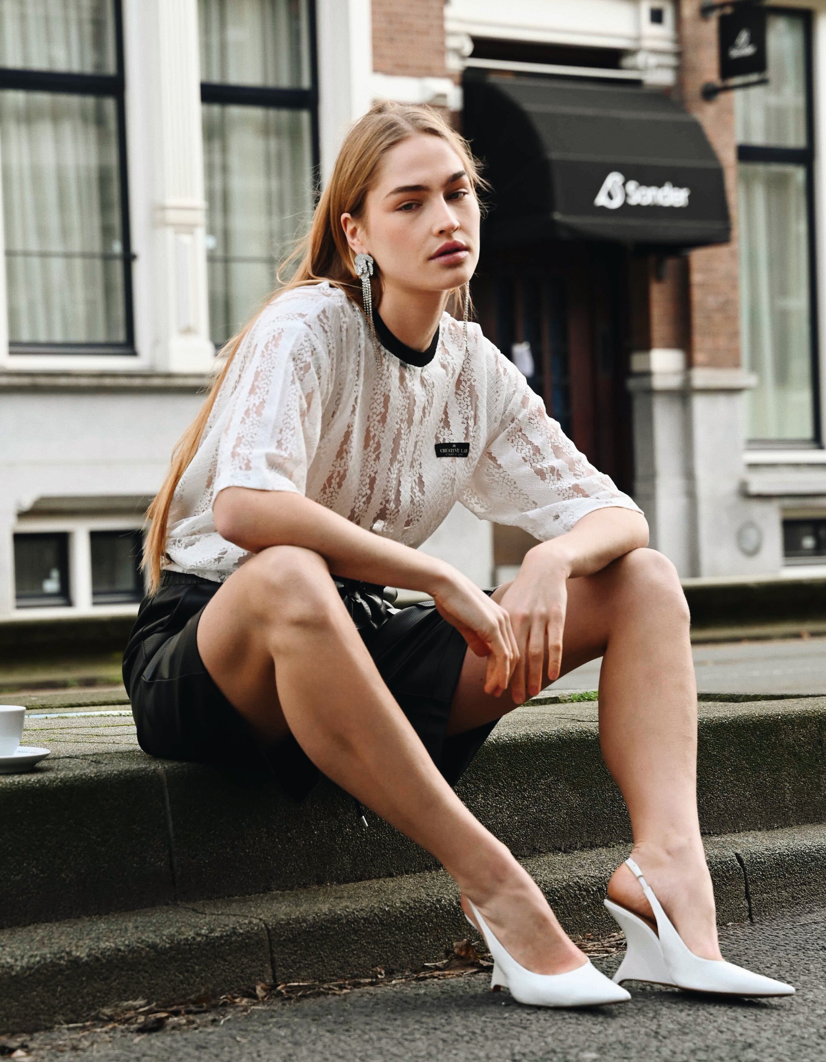 Oversized Kanten Label T-shirt Wit SHOEBY WOMEN