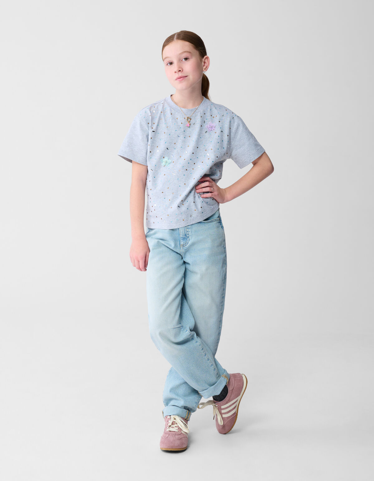 Flower Strass T-shirt Grijs SHOEBY GIRLS