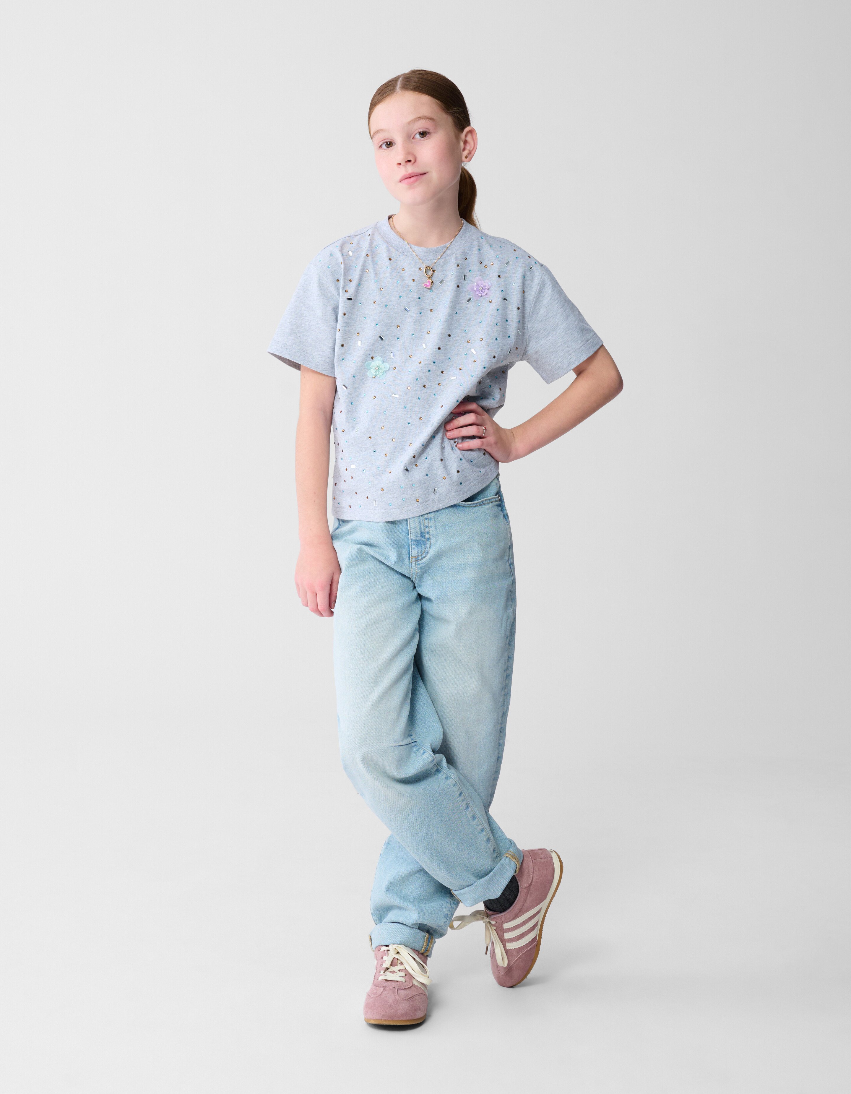 Flower Strass T-shirt Grijs SHOEBY GIRLS