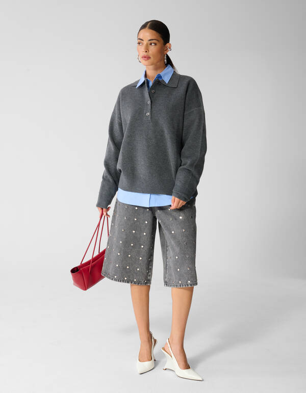 Oversized Gebreide Polo Trui Donkergrijs SHOEBY WOMEN