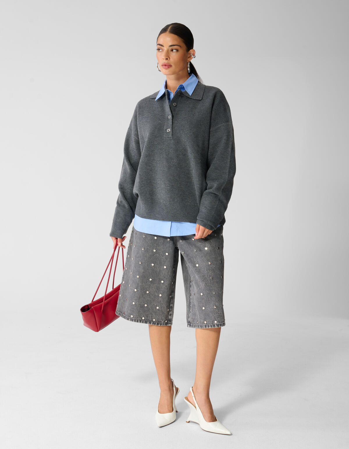 Oversized Gebreide Polo Trui Donkergrijs SHOEBY WOMEN