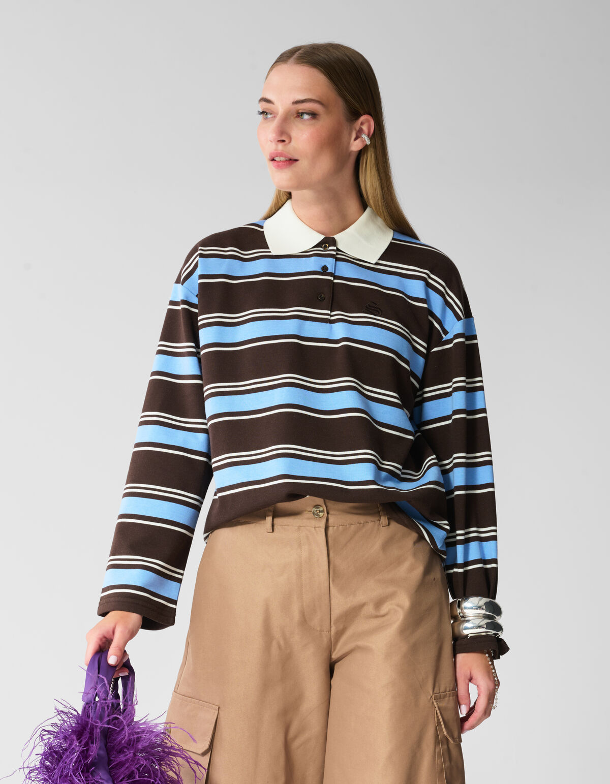 Gestreepte Polo Longsleeve Donkerbruin/Blauw SHOEBY WOMEN