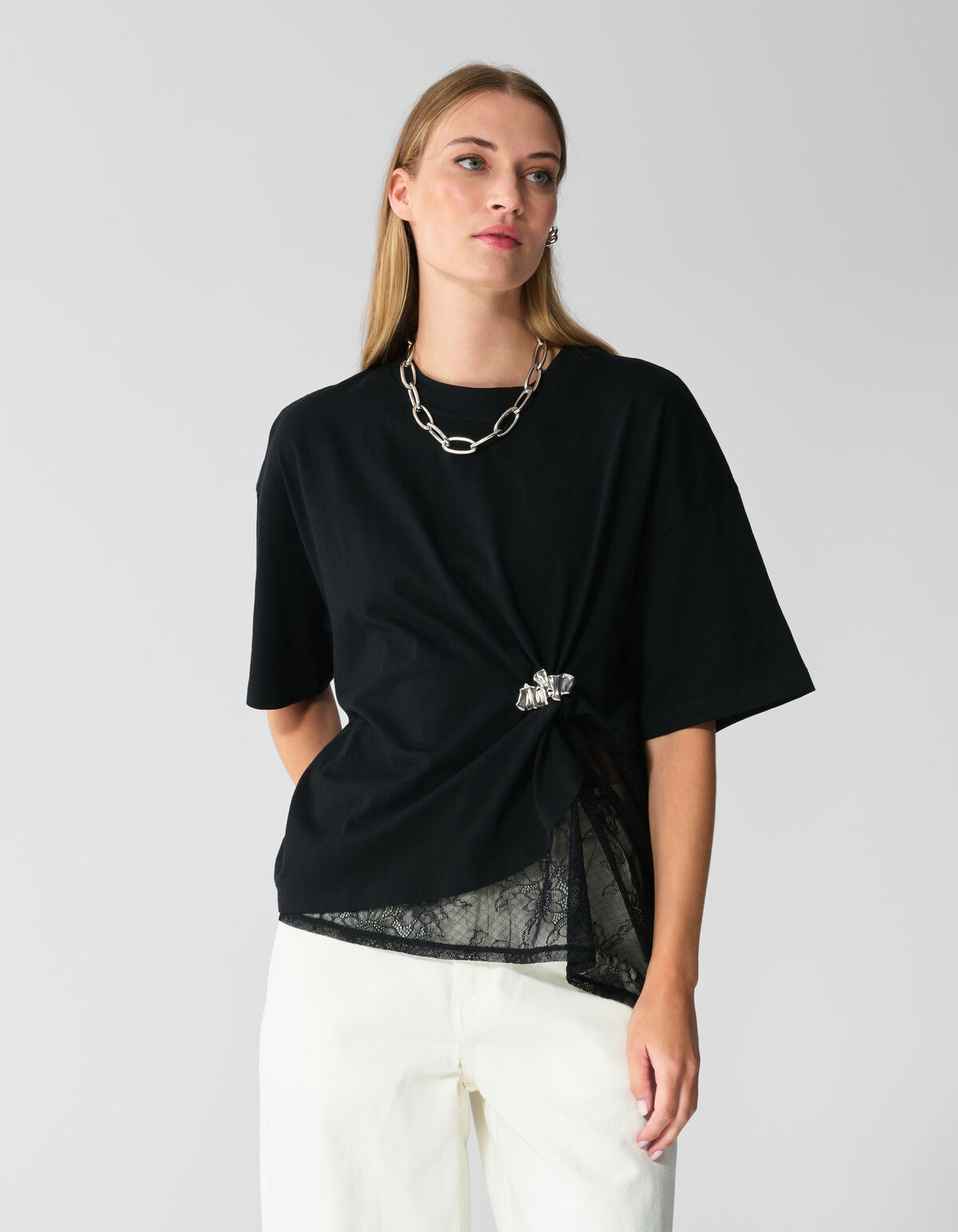 Lace Insert T-shirt Zwart SHOEBY WOMEN