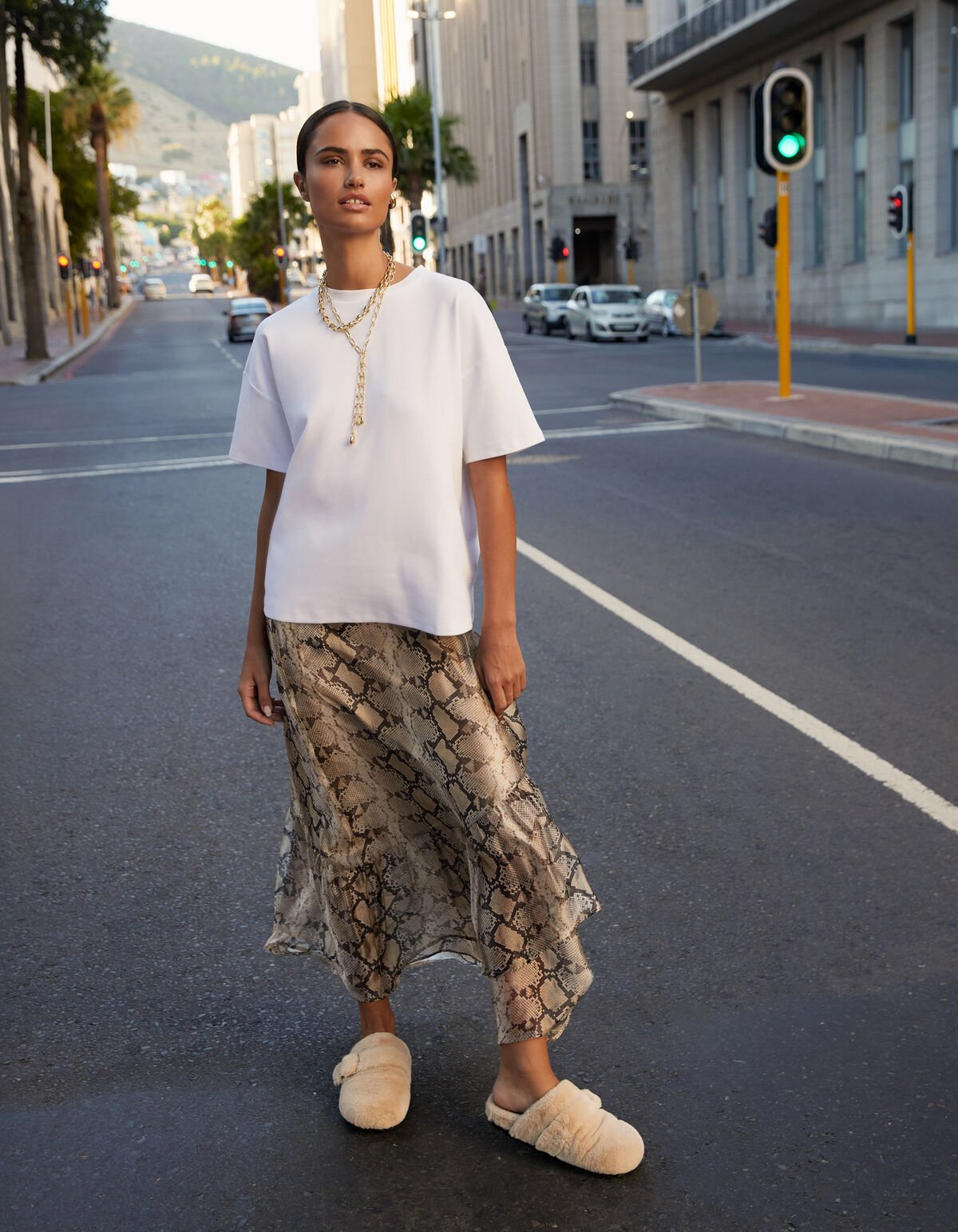 Snake Ruffle Maxi Rok Lichtbruin SHOEBY WOMEN