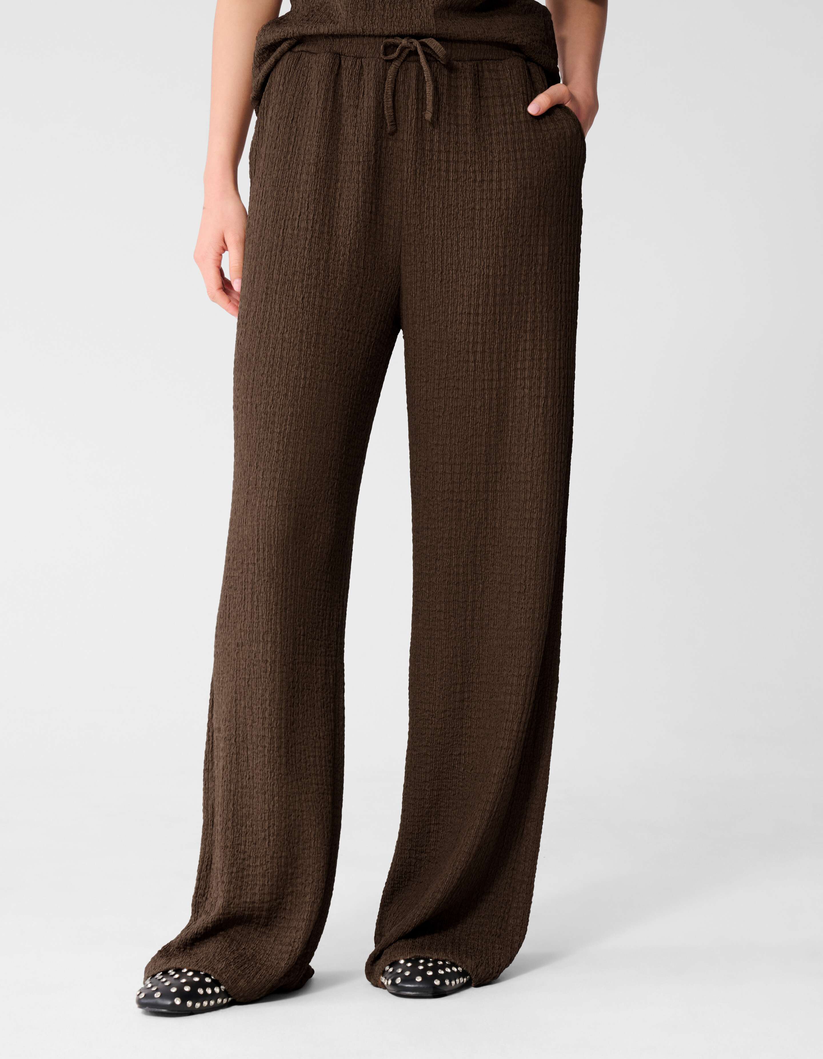 Crinkle Wide Leg Fit Broek Bruin SHOEBY WOMEN