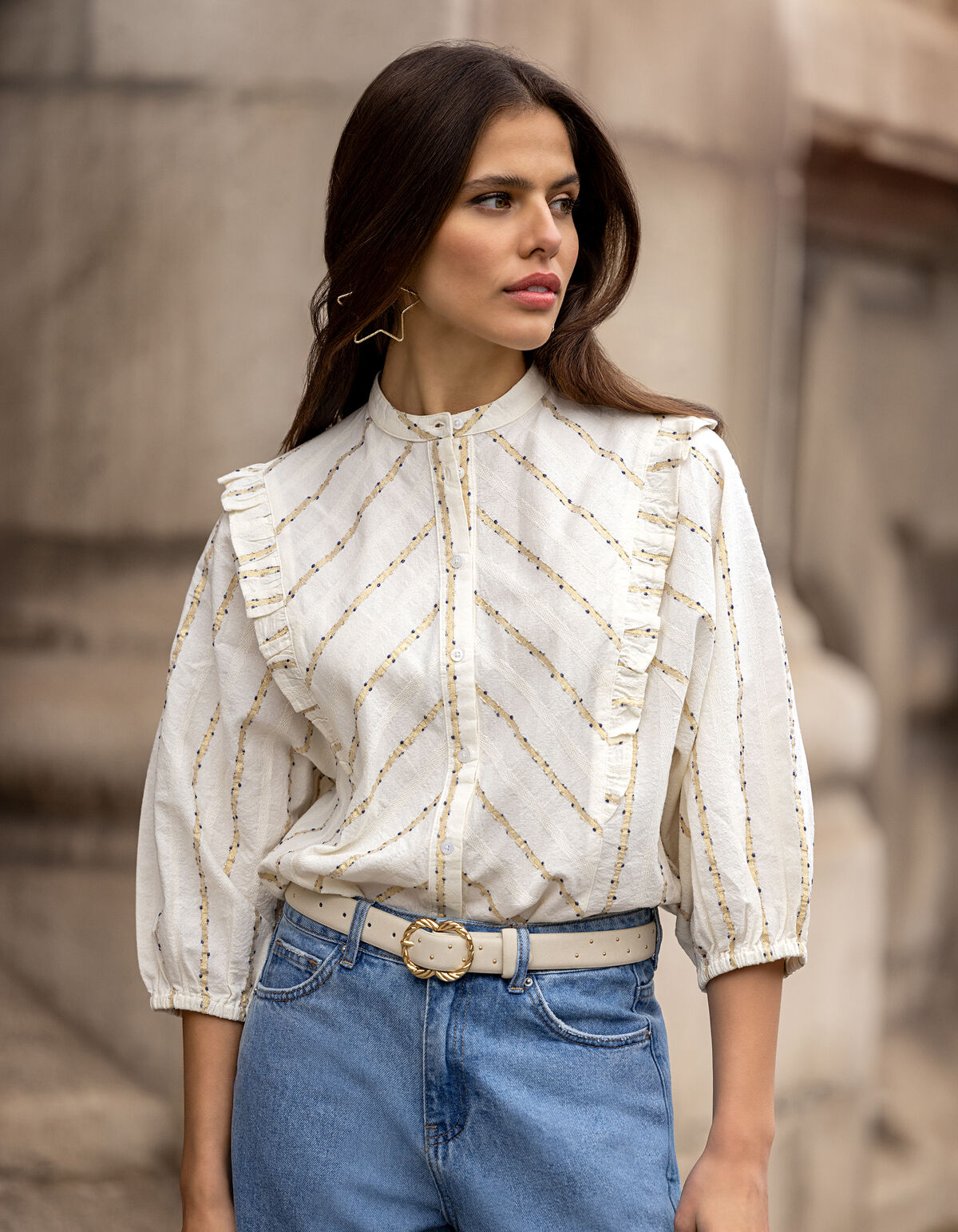 Jacquard Ruffle Blouse Gebroken Wit SHOEBY WOMEN