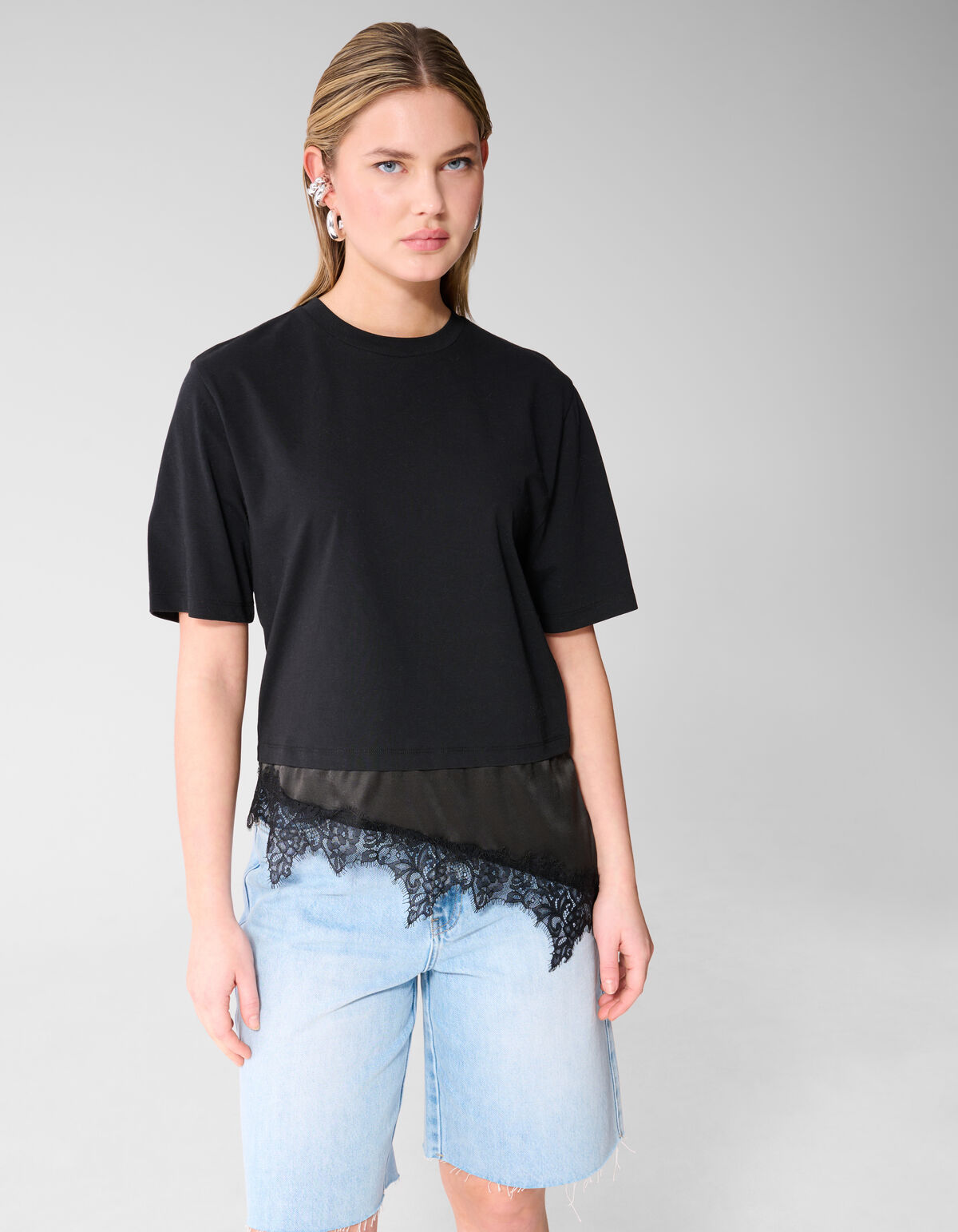 Kanten Satijnen T-shirt Zwart SHOEBY WOMEN