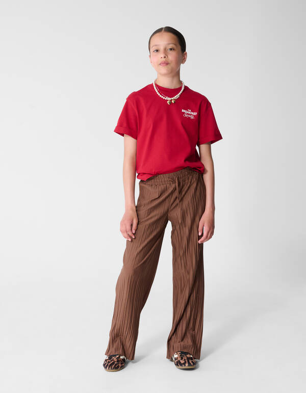 Pliss&eacute; Wide Leg Broek Bruin SHOEBY GIRLS