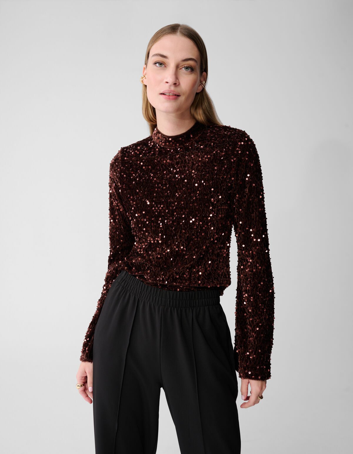 Sequin Flare Longsleeve Top Bruin SHOEBY WOMEN