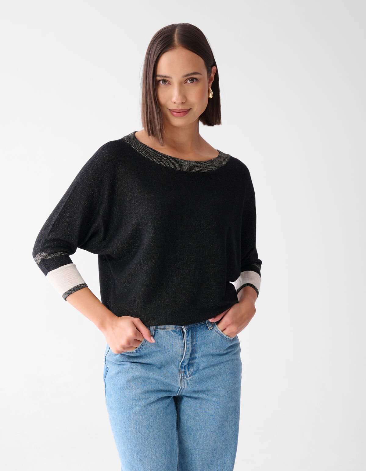 Colorblock Glitter Batwing Trui Zwart SHOEBY WOMEN