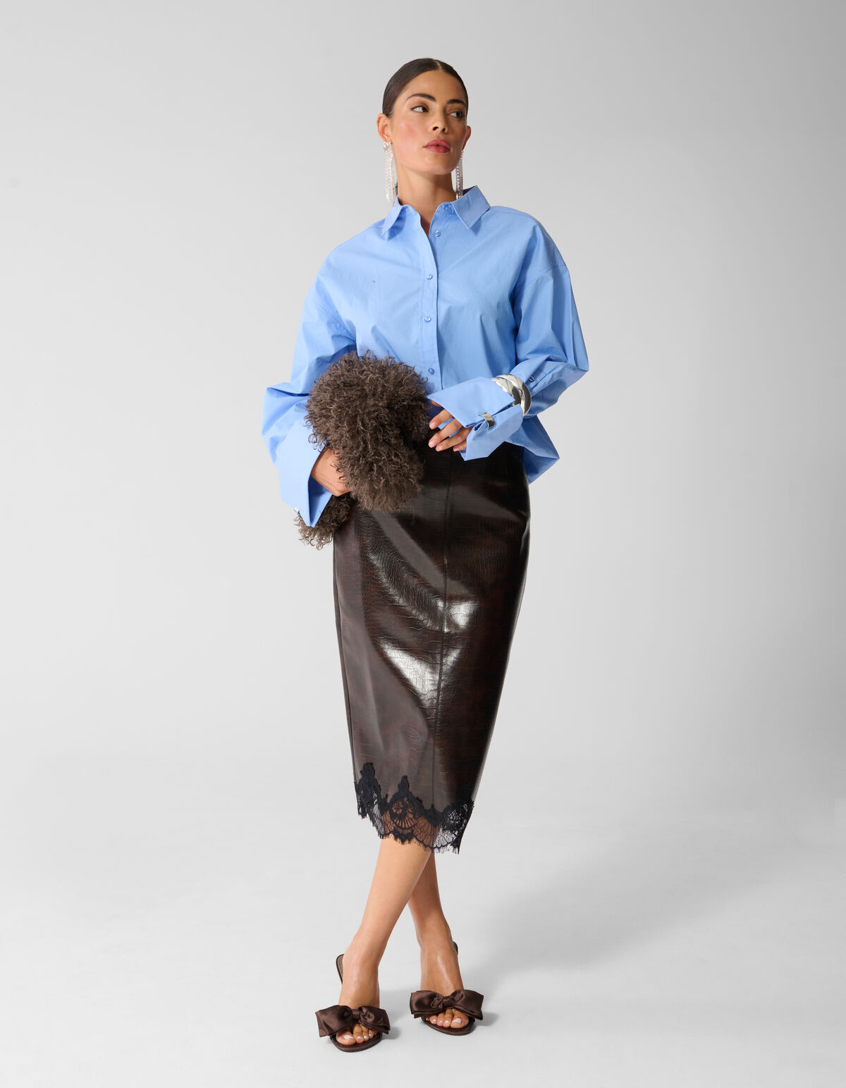 Croco Vegan Leren Midi Rok Donkerbruin SHOEBY WOMEN