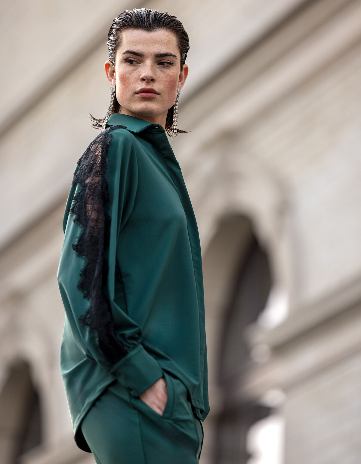 Kanten Travel Blouse Donkergroen SHOEBY WOMEN